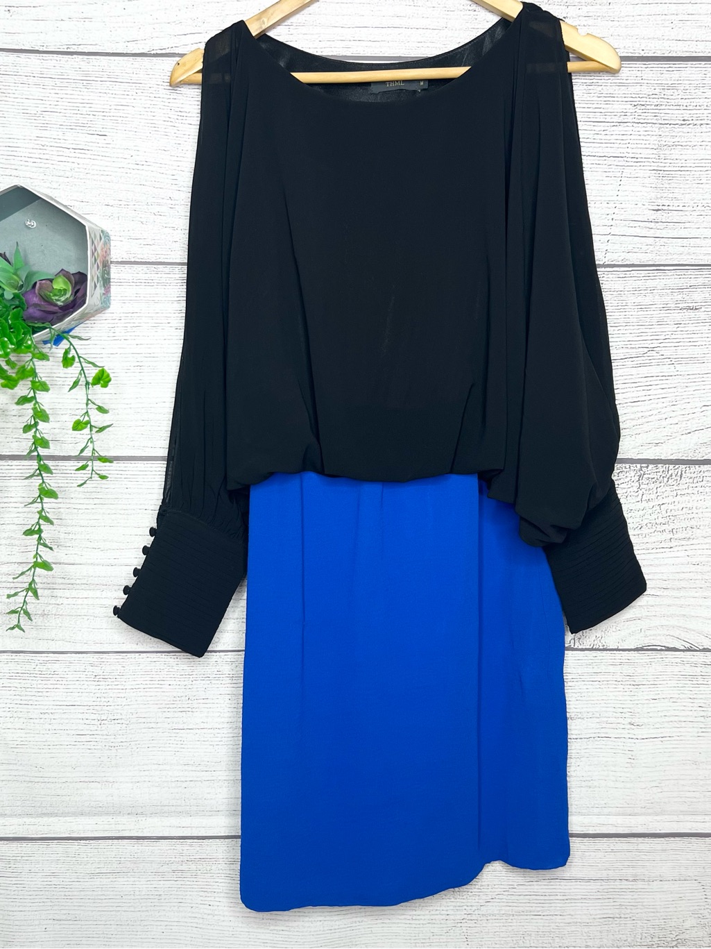Thml Black & Royal Blue Two Tone Long Dolman Split Sleeve Mini Dress Size Medium